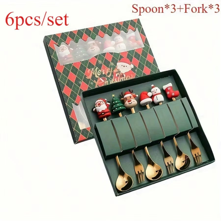 A Set of Christmas Stainless Steel Tableware, Spoons and Forks - Can Be Put in the Dishwasher, Holiday Gift Set with Gift Box