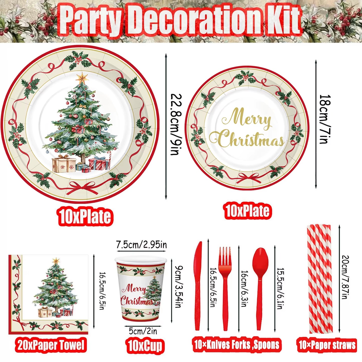 Christmas Tree Theme Holiday Party Decoration Paper Plates Cups Paper Towels Tableware Set Disposable Fork Spoon Knife Cutlery
