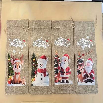 4/8Pcs Christmas Wine Bottle Bags with Drawstring Burlap Reusable Fabric Gift Bags with Blank Labels and Rope Suitable Christmas