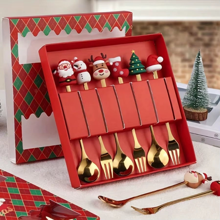A Set of Christmas Stainless Steel Tableware, Spoons and Forks - Can Be Put in the Dishwasher, Holiday Gift Set with Gift Box