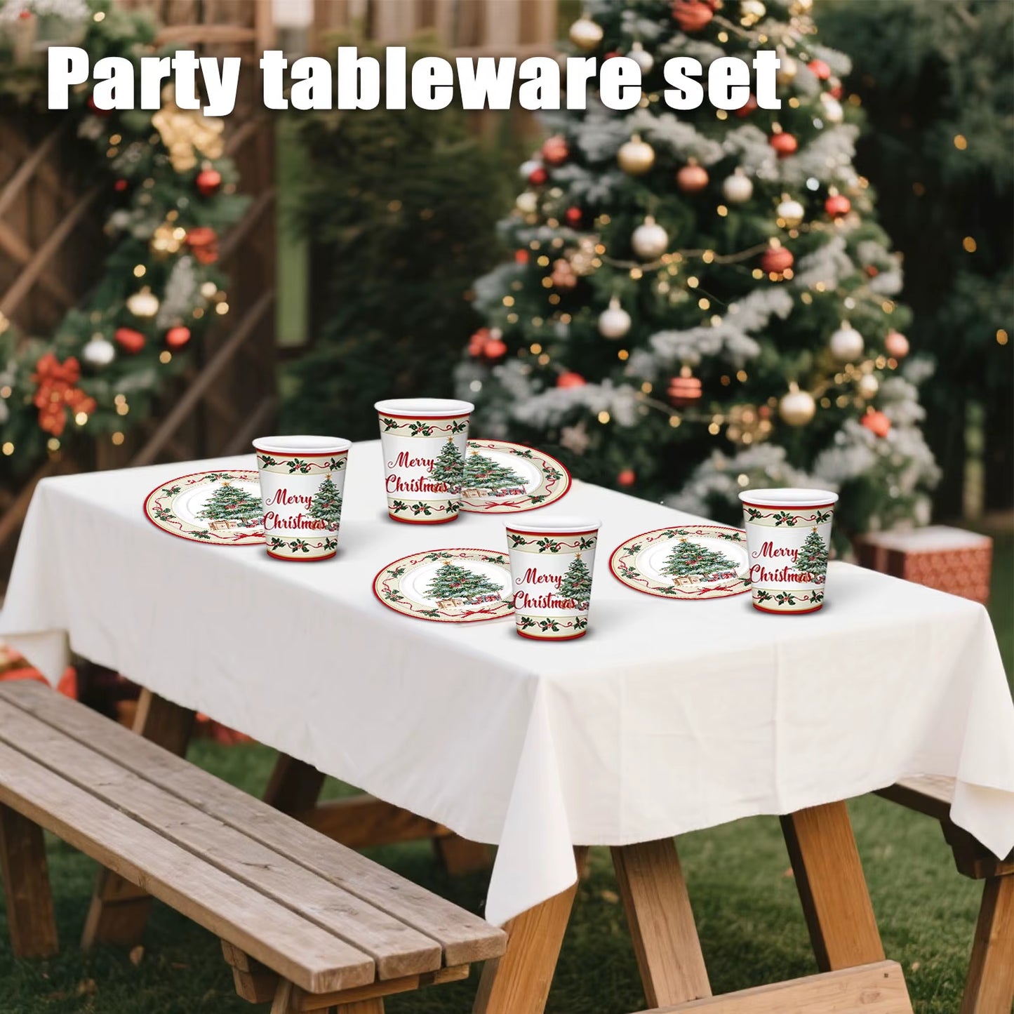 Christmas Tree Theme Holiday Party Decoration Paper Plates Cups Paper Towels Tableware Set Disposable Fork Spoon Knife Cutlery