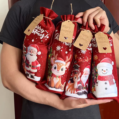4/8Pcs Christmas Wine Bottle Bags with Drawstring Burlap Reusable Fabric Gift Bags with Blank Labels and Rope Suitable Christmas