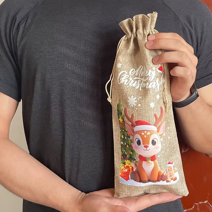 4/8Pcs Christmas Wine Bottle Bags with Drawstring Burlap Reusable Fabric Gift Bags with Blank Labels and Rope Suitable Christmas
