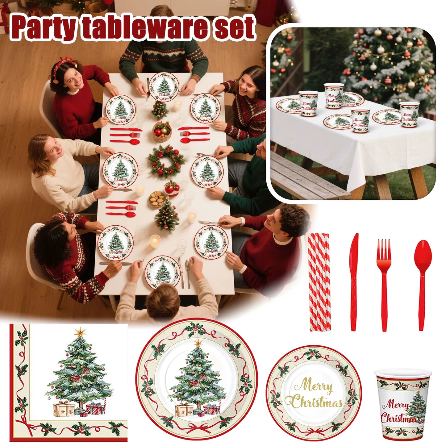 Christmas Tree Theme Holiday Party Decoration Paper Plates Cups Paper Towels Tableware Set Disposable Fork Spoon Knife Cutlery