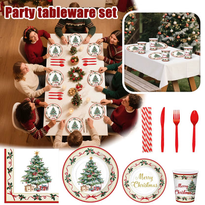 Christmas Tree Theme Holiday Party Decoration Paper Plates Cups Paper Towels Tableware Set Disposable Fork Spoon Knife Cutlery