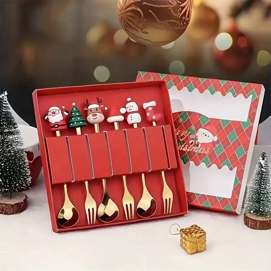 A Set of Christmas Stainless Steel Tableware, Spoons and Forks - Can Be Put in the Dishwasher, Holiday Gift Set with Gift Box
