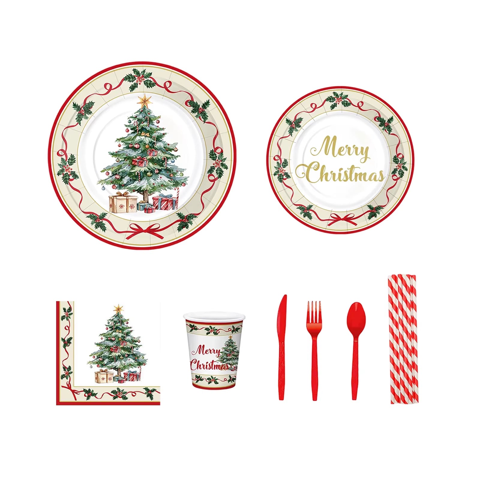 Christmas Tree Theme Holiday Party Decoration Paper Plates Cups Paper Towels Tableware Set Disposable Fork Spoon Knife Cutlery