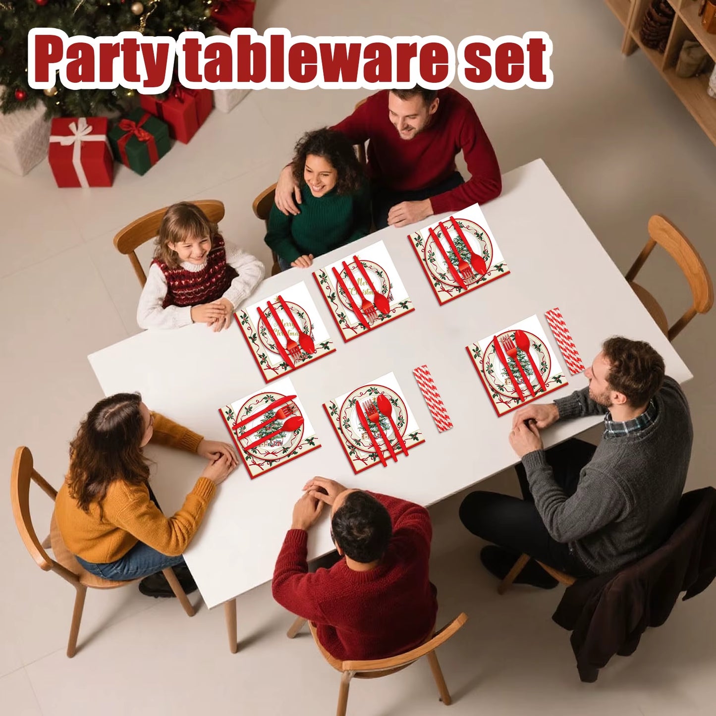 Christmas Tree Theme Holiday Party Decoration Paper Plates Cups Paper Towels Tableware Set Disposable Fork Spoon Knife Cutlery