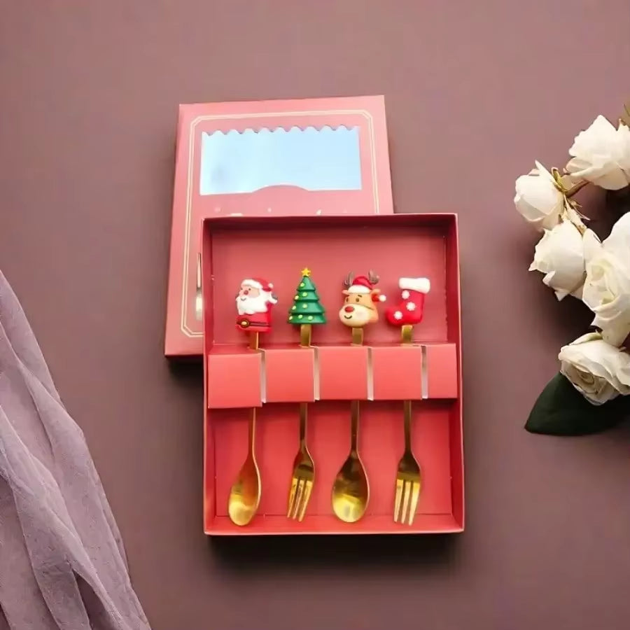 A Set of Christmas Stainless Steel Tableware, Spoons and Forks - Can Be Put in the Dishwasher, Holiday Gift Set with Gift Box