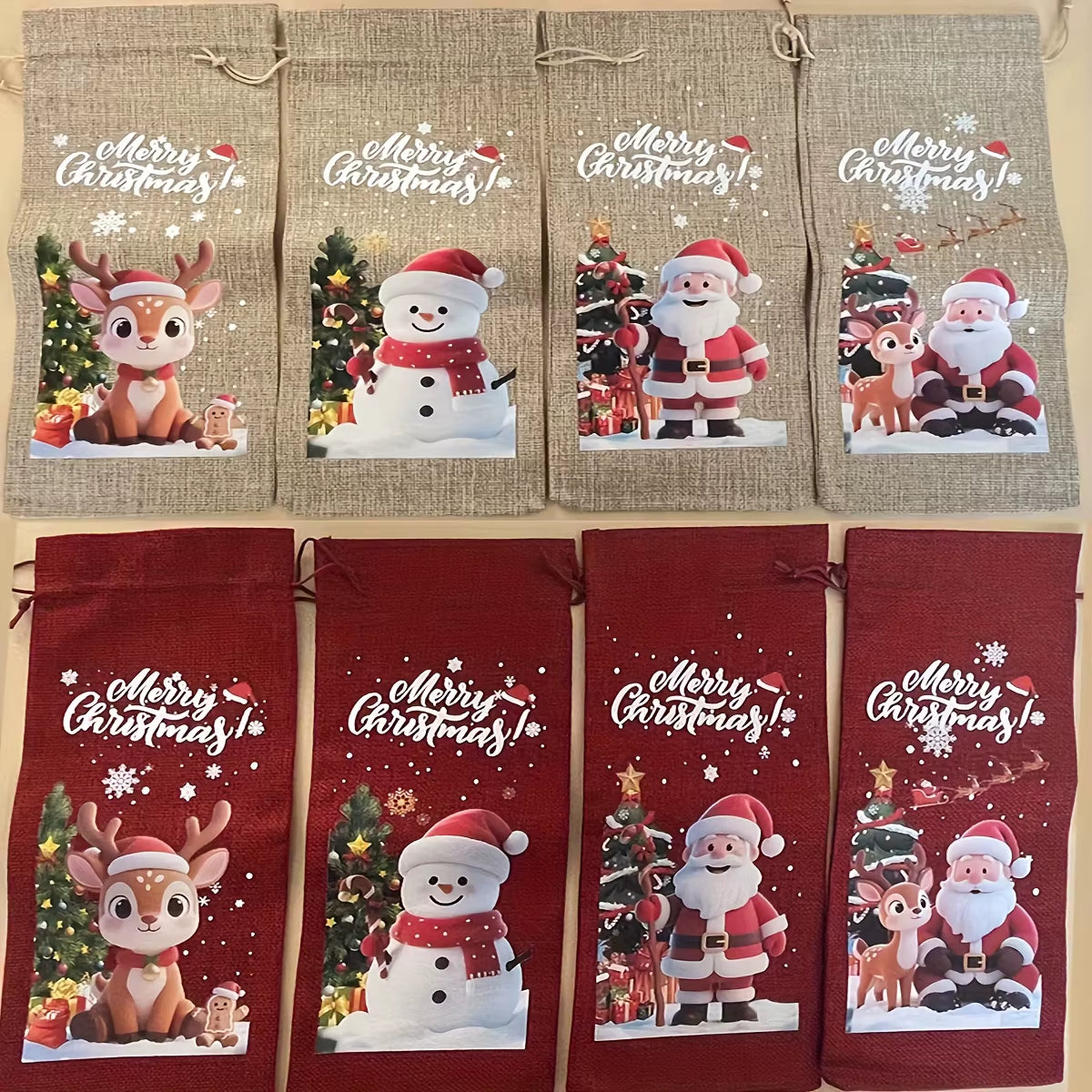 4/8Pcs Christmas Wine Bottle Bags with Drawstring Burlap Reusable Fabric Gift Bags with Blank Labels and Rope Suitable Christmas