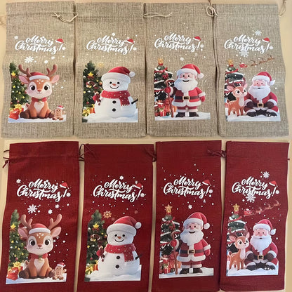 4/8Pcs Christmas Wine Bottle Bags with Drawstring Burlap Reusable Fabric Gift Bags with Blank Labels and Rope Suitable Christmas