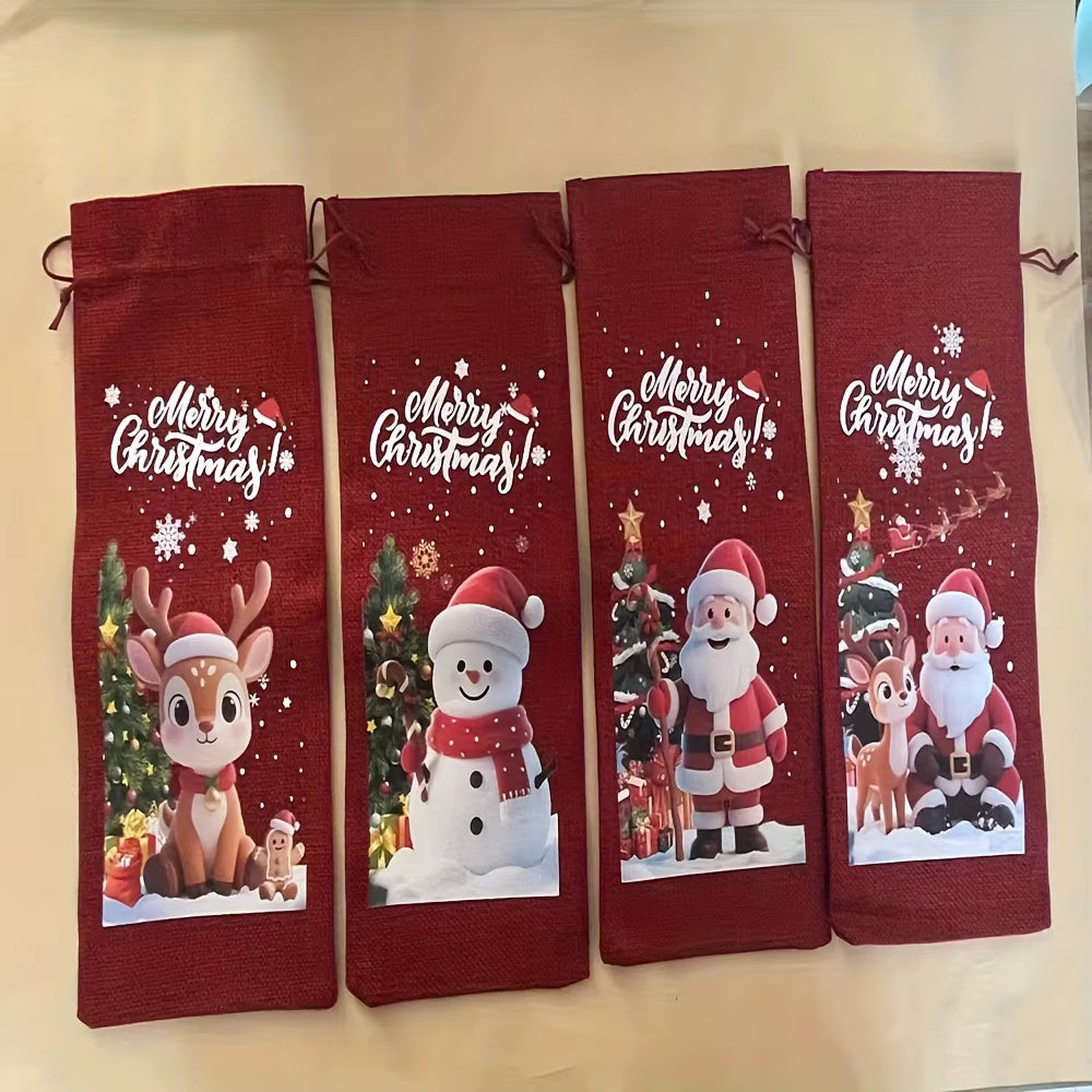4/8Pcs Christmas Wine Bottle Bags with Drawstring Burlap Reusable Fabric Gift Bags with Blank Labels and Rope Suitable Christmas