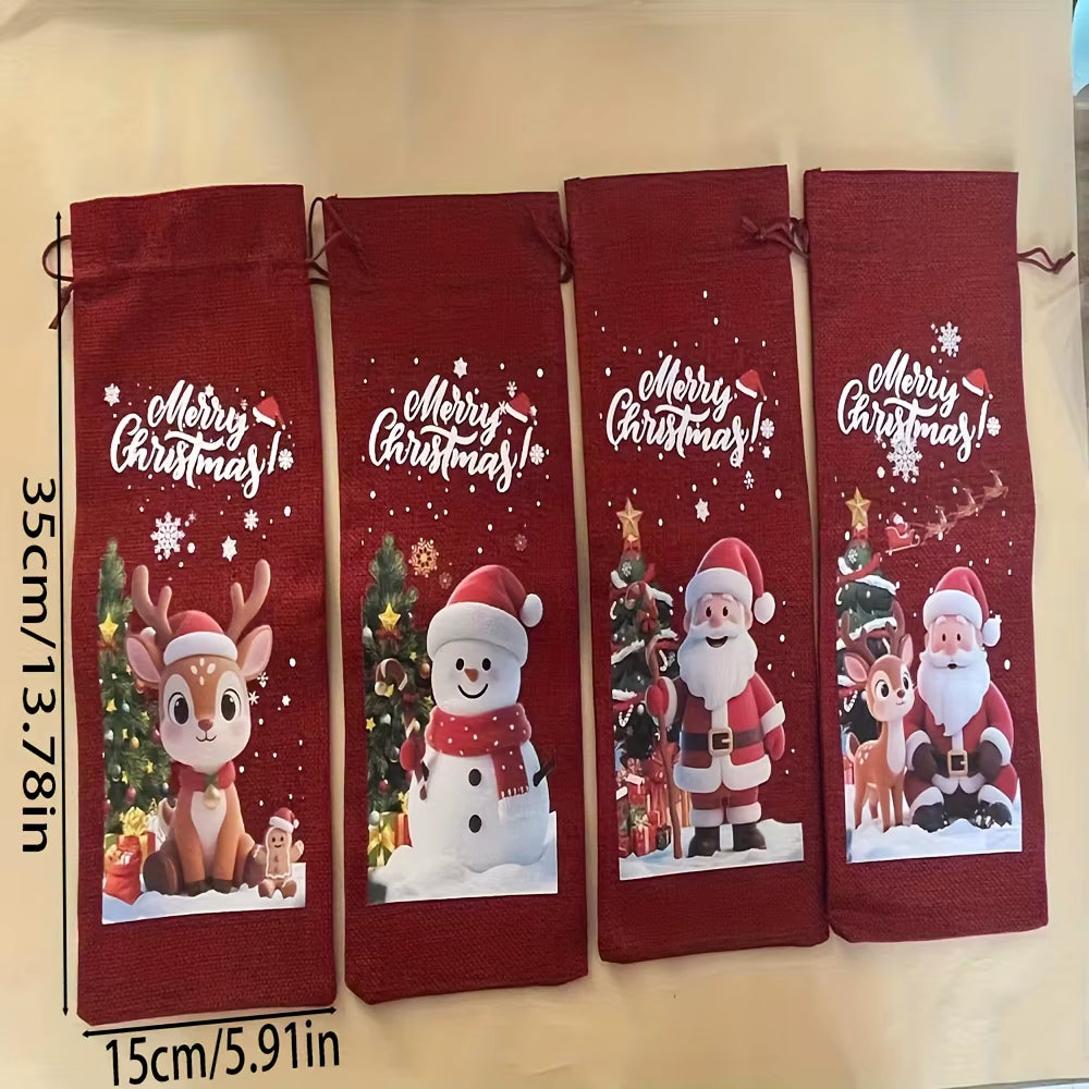 4/8Pcs Christmas Wine Bottle Bags with Drawstring Burlap Reusable Fabric Gift Bags with Blank Labels and Rope Suitable Christmas